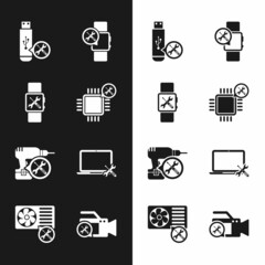 Set Processor service, Smartwatch, USB flash drive, Drill machine, Laptop, Video camera and Air conditioner icon. Vector