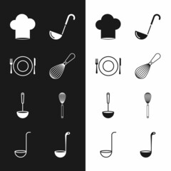 Set Kitchen whisk, Plate, fork and knife, Chef hat, ladle, and icon. Vector