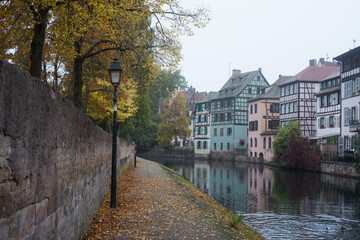 view of autumnal trees in border the Il river at the little france quarter in Strasbourg