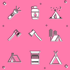 Set Flashlight, Canteen water bottle, Tourist tent with flag, Wooden axe, and Open matchbox and matches icon. Vector