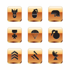 Set Nuclear bomb, Military rank, Rocket, Parachute, reward medal, helmet, Radar and Hand grenade icon. Vector