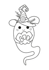 Halloween ghost holding pumpkin in witch hat coloring page. Outline cartoon vector illustration