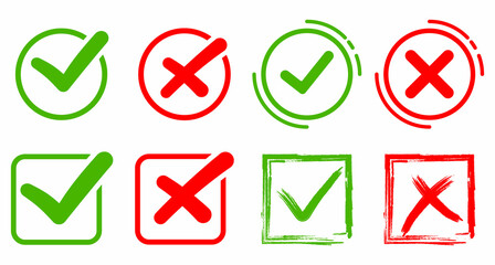 Checkmark icons set. A collection of web button variants: green checkmark and red cross. approved and rejected stamp. Many options, Vector validation icons set - obrazy, fototapety, plakaty