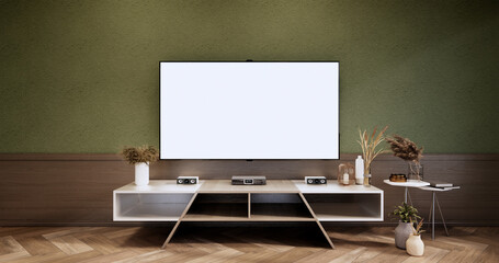 Tv shelf in green room modern tropical style - empty room interior - minimal design. 3d rendering