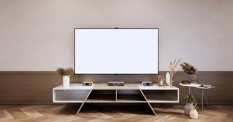 Tv cabinet, Modern empty room ,minimal designs, wall wooden design. 3D rendering