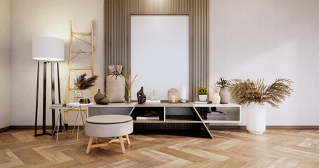 cabinet and arm chair,decoration plants, Modern empty room ,minimal designs. 3D rendering