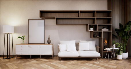 Cabinet shelves on wall design room with decoration ,lamp,plants,carpet, sofa.3D rendering