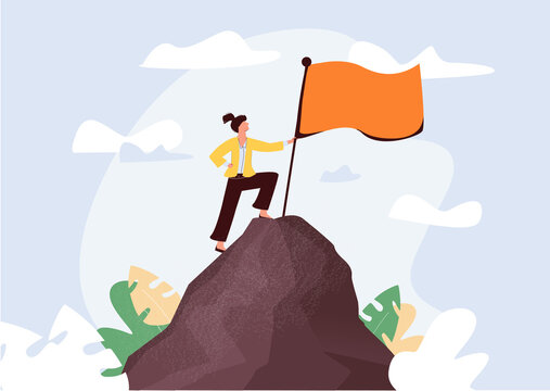 Successful businesswoman as confident female work leader tiny person concept. Career professional achievement top and future ambition vector illustration. Corporate progress peak for boss woman.