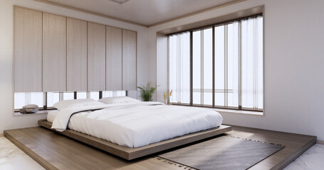 Bedroom japanese minimal style.,Modern white wall and wooden floor, room minimalist. 3D rendering