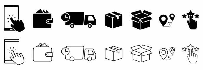 Click and collect order, vector icons set, online order, delivery truck, delivery service steps, pick up order at pickup point, payment, rating icon, rating review, flat illustration - obrazy, fototapety, plakaty