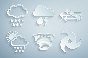 Set Tornado, Wind and rain with snow, Cloud snow, rain, sun, lightning and icon. Vector