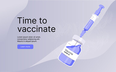 Healthcare and medical concept, corona virus vaccination, immunization. Vaccination concept design. Time to vaccinate banner - microscope and syringe with vaccine for COVID-19, flu or influenza.