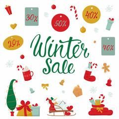 Winter sale banner with Christmas gift illustration, handwritten lettering sign and decorative elements. Vector stock illustration isolated on white background for print invitation on shopping. 
