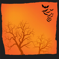 Halloween background. Orange spooky holiday backdrop with flying bats. Vector illustration with copy space. Best for seasonal poster or party invitation.