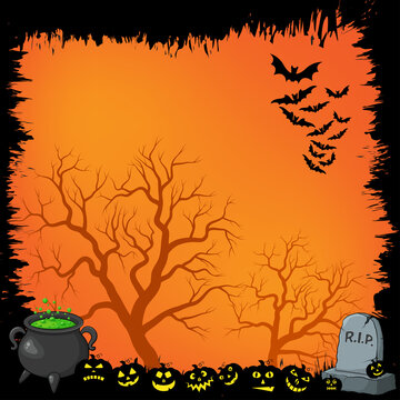 Halloween background. Orange spooky holiday backdrop with pumpkin and flying bats. Vector illustration with copy space. Best for seasonal poster or party invitation.