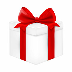 White gift box with red ribbon and bow, present isolated on White Background. Realistic 3d vector illustration