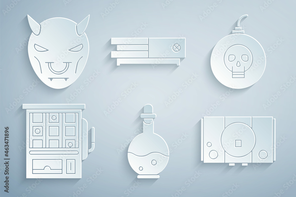 Poster set bottle with magic elixir, bomb ready to explode, slot machine, video game console, and mask of t