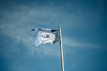 Wehende Arminia Bielefeld Flagge vor blauem Himmel - obrazy, fototapety, plakaty