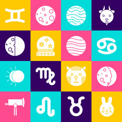 Set Rabbit zodiac, Eclipse of the sun, Cancer, Planet Venus, Magic ball, Gemini and Jupiter icon. Vector