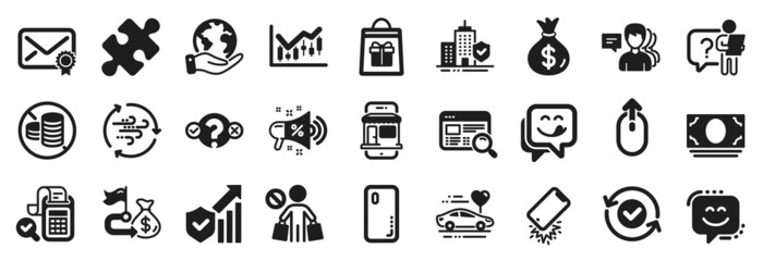 Set of Business icons, such as Puzzle, Honeymoon travel, Apartment insurance icons. Smartphone cover, Money bag, Verified mail signs. No cash, Security confirmed, Yummy smile. Wind energy. Vector