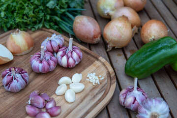 ready-to-cook seasonings - kitchen preparation, garlic, onion, parsley, chives