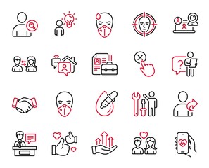 Vector Set of People icons related to Health app, People communication and Vacancy icons. Like, Medical mask and Sick man signs. Refer friend, Face detect and Eye drops. Reject click. Vector