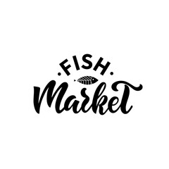Fish Market logotype with handwritten text and fish symbol. Modern brush calligraphy, hand lettering. Vector illustration for seafood menu, card, advertising, poster, flyer, invitation, banner, icon