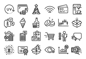 Vector set of Farsightedness, Get box and Delivery shopping line icons set. Calendar report, Money wallet and Credit card tag. Whiskey glass, Voting ballot and Christmas tree icons. Vector