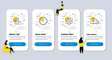 Vector Set of Science icons related to Time, Education and Atom core icons. UI phone app screens with people. Ambulance car line symbols. Office clock, Quick tips, Nuclear power. Vector