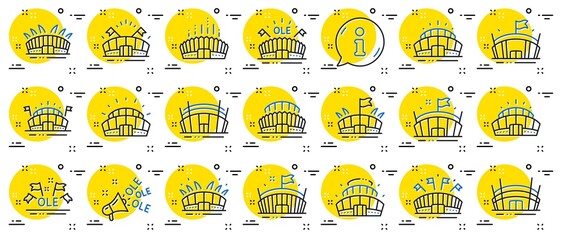 Sports stadium line icons. Ole chant, arena football, championship architecture. Arena stadium, sports competition, event flag icons. Sport complex, megaphone or loudspeaker. Vector