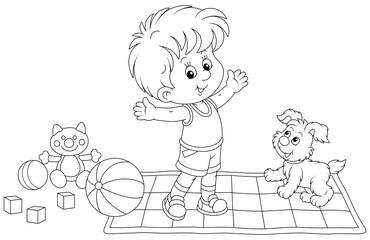 Happy little boy and his merry pup doing gymnastic exercises on a color carpet with funny toys in a nursery room, black and white outline vector cartoon illustration for a coloring book page