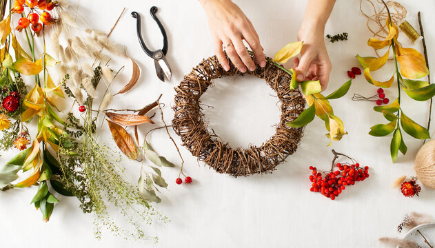 Flat lay with diy floral autumn wreath with driad grass, plant and berry