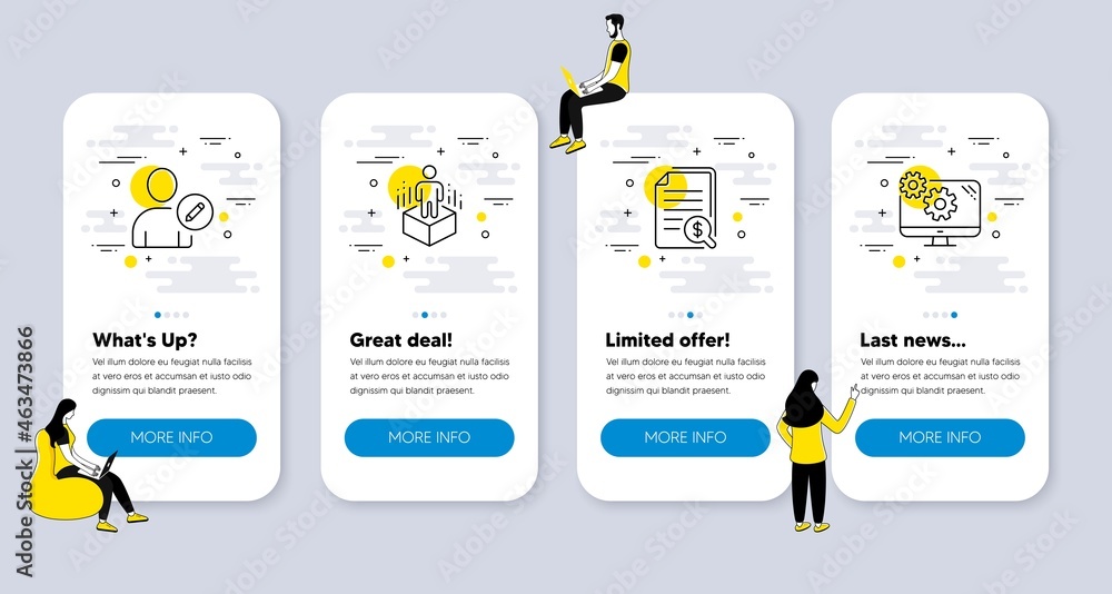 Poster vector set of technology icons related to augmented reality, financial documents and edit user icons