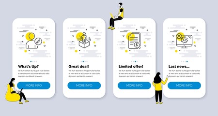 Vector Set of Technology icons related to Augmented reality, Financial documents and Edit user icons. UI phone app screens with people. Settings line symbols. Vector