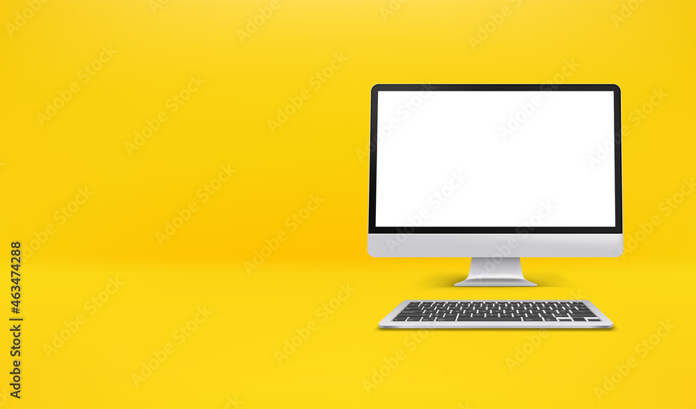 Poster modern computer with blank screen on yellow interior. horizontal banner with copy space