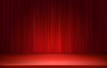 Illuminated stage with red curtains. 3D style realistic vector illustration