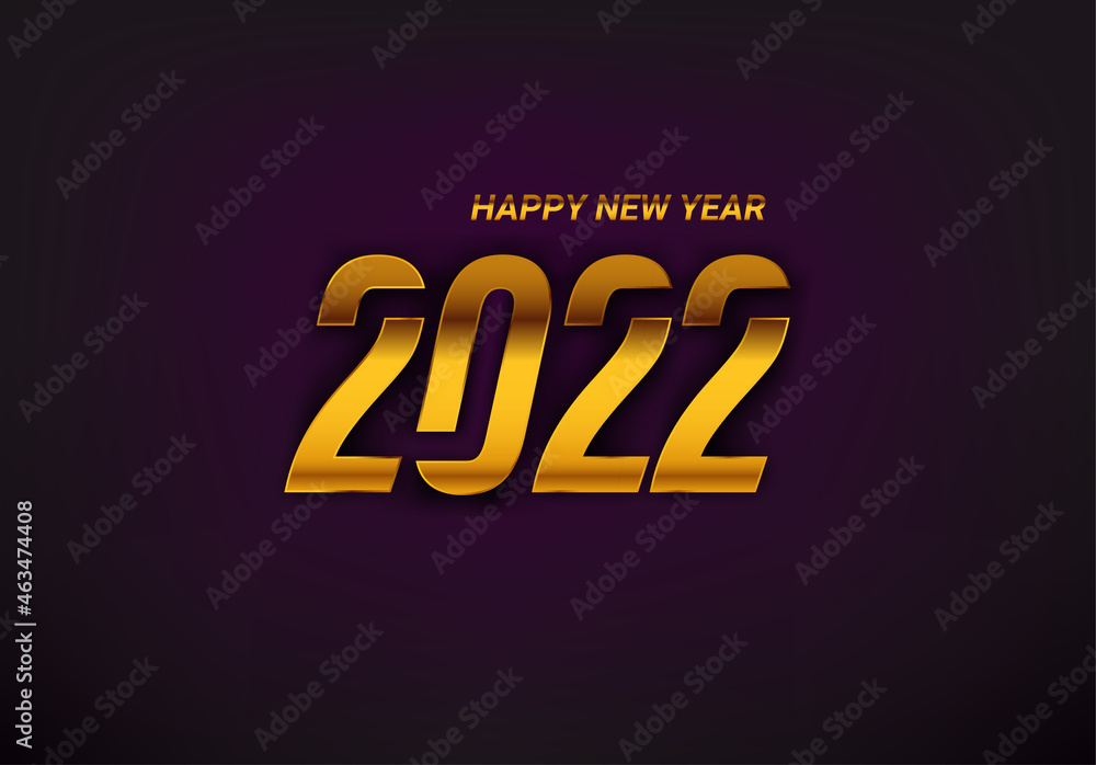 Poster happy new year 2022 vector card. golden digits on dark violet background