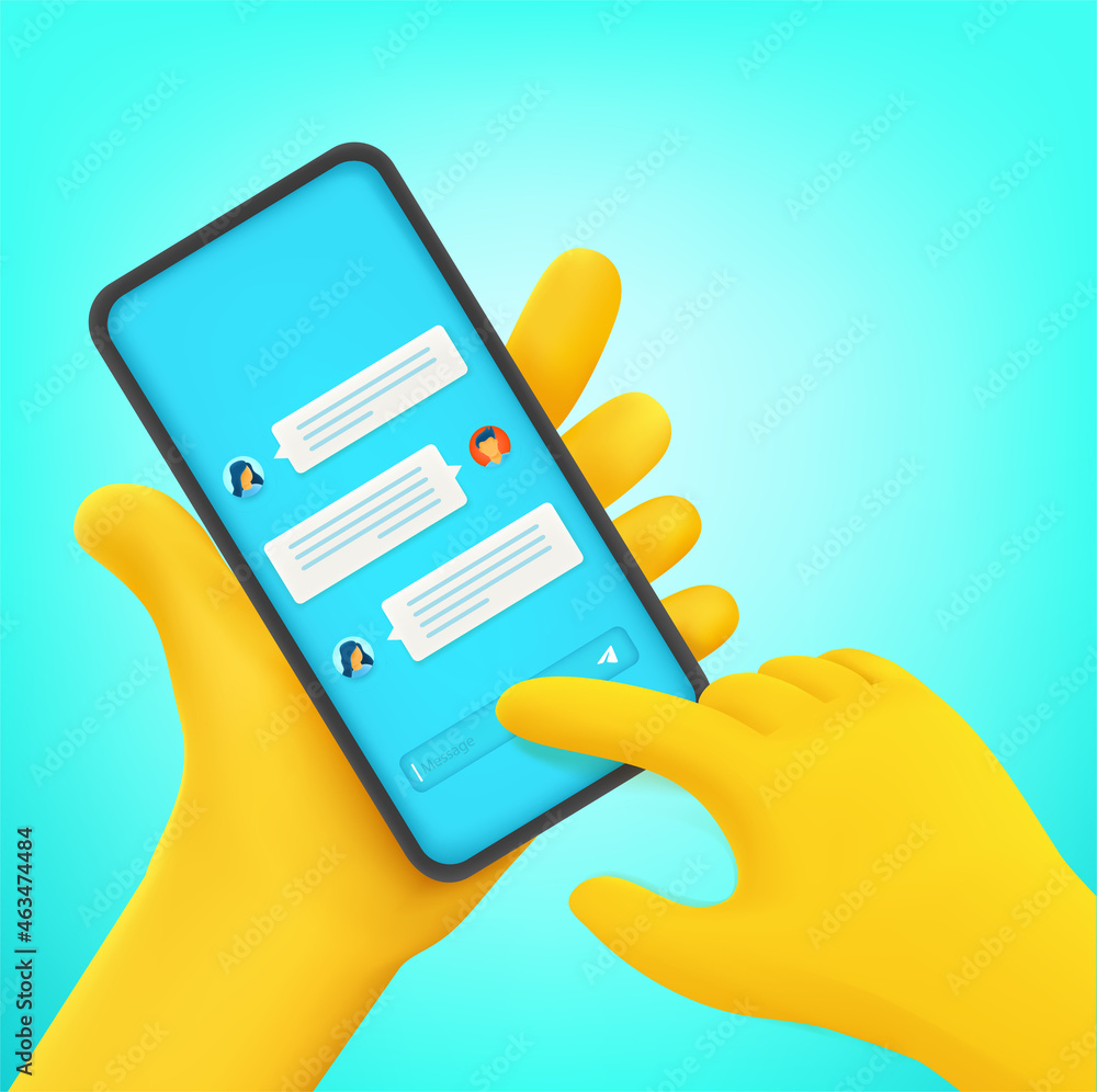 Poster man using smartphone to communicate with friends or collegues. cartoon style vector illustration