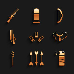 Set Cartridges, Hipster arrows, Pepper spray, Slingshot, Medieval spear, Shotgun, Bow and icon. Vector