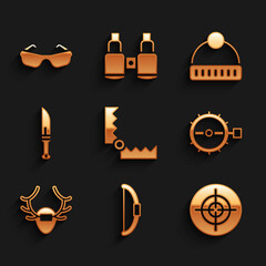 Set Trap hunting, Bow, Target sport, Deer antlers on shield, Hunter knife, Winter hat and Glasses icon. Vector