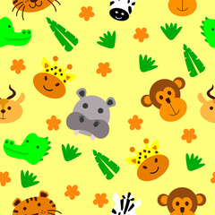 Cute vector seamless pattern with safari animals, Endless background in childish style for fabric, textile