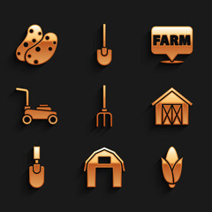Set Garden pitchfork, Farm house, Corn, trowel spade shovel, Lawn mower, Location farm and Potato icon. Vector