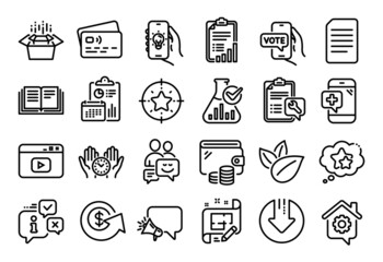 Vector set of Organic product, Medical phone and Download arrow line icons set. Calendar report, Money wallet and Credit card tag. Megaphone, Packing boxes and Ranking stars icons. Vector