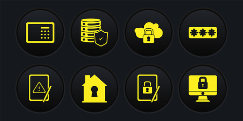 Set Tablet with exclamation mark, Password protection, House under, closed padlock, Cloud computing, Server shield, Lock computer monitor and Safe icon. Vector