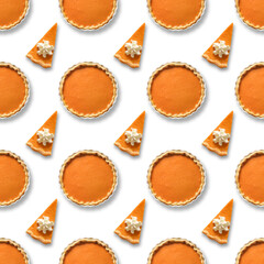 Seamless pattern of american pumpkin pie with whipped cream isolated on white background. Thanksgiving Day food. Traditional dessert for festive dinner.