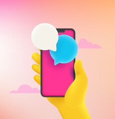 Conversation via modern smartphone. Comic 3d style vector illustration