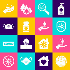 Set Earth with medical mask, Hand virus, Shield protecting from, Virus under magnifying glass, Medicine bottle pills, Medical protective, Washing hands soap and icon. Vector