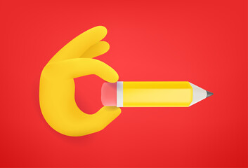 Hand holding pencil. Comic 3d style vector illustration
