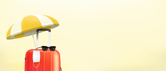 Yellow travel bag with beach umbrella. Horizontal banner with copy space