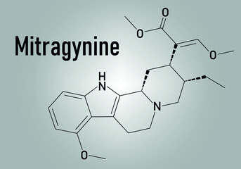 Mitragynine molecule. Herbal alkaloid present in kratom (ketum, Mitragyna speciosa). Skeletal formula.